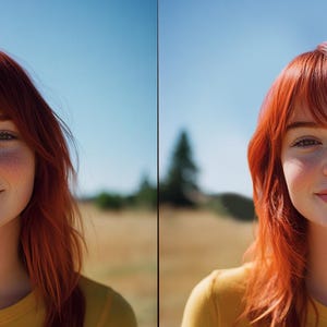May include: A woman with long, red hair and freckles smiles at the camera. She is wearing a yellow shirt.