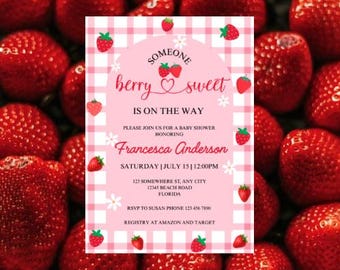Erdbeer-Babyparty-Einladung, jemand Beere süß ist auf dem Weg, rosa Gingham-Einladungsvorlage, bearbeitbare Canva-Einladung zum Herunterladen