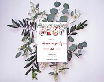 Editable Christmas Party Invitation Template, Christmas Ornament Canva Invitation, Watercolor Holiday Party Invite, Instant Download