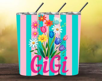 Gigi Floral Tumbler Wrap PNG | 20oz Skinny Tumbler Sublimation Design | Pink & Teal Striped Flower Wrap | Mother’s Day Gift for Gigi