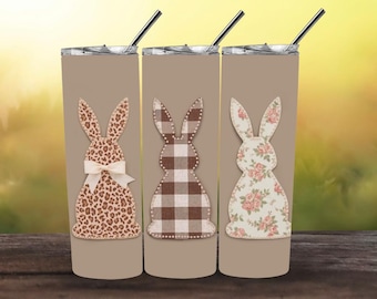 Patchwork Osterhase Tumbler Wrap PNG | 3 Bunny Sublimation Design Floral, Plaid & Leopard Print Ostern Neutral Bauernhaus 20 Unzen Skinny Wrap