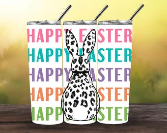 Frohe Ostern Tumbler Wrap PNG | Leopard Bunny Sublimations Design | Bunte Retro Ostern Text | 20 Unzen Skinny Tumbler Wrap | Trendiger Frühling PNG