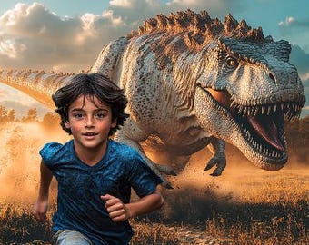 Jurassic Dinosaur Kid Running Prehistoric Playtime Dinosaur Digital Background for Kids Fun Adventures Dinosaur Backdrop photoshop overlay