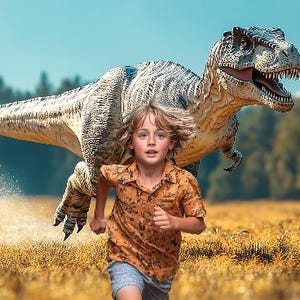 Jurassic Dinosaur Kid Running Prehistoric Playtime Dinosaur Digital Background for Kids Fun Adventures Dinosaur Backdrop photoshop overlay