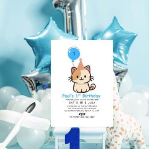 Editable ANY AGE Cat Birthday Invitation, Cat First Birthday, Balloons Invitation, 1st Birthday Boy, Cat Invitation Printable Birthday
