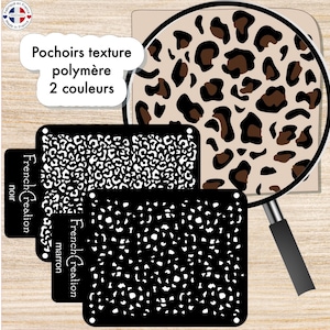 May include: Two black stencils with a leopard print design. The stencils are labeled "French Creation" and are available in black and brown.