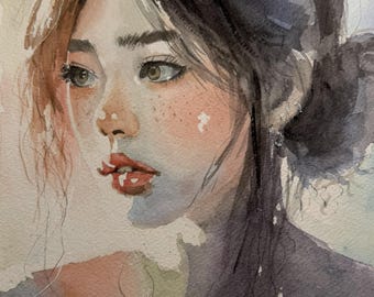 Fine Art Giclée Archival Print of Original Watercolor, delicate painting of a dark haired young girl, loose style, limited palette,  "Eve"