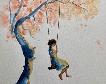 Fine Art Giclée Archival Print of Original Watercolor, painting of a young girl swinging under a beautiful fall tree, "A Moment of Solitude"