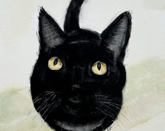 Konstnärligt giclée-arkivtryck av original akvarell, rolig målning av en svart katt som tittar upp, kattunge, gula ögon, nyckfull "Middagsdags"