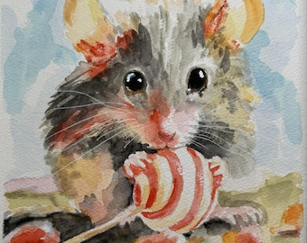 Stampa d'archivio Giclée Fine Art di un acquerello originale, dipinto stravagante di un topo che ha trovato delle caramelle, colorato, "Dolce"