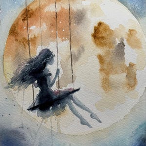 Fine Art Giclée Archival Print of Original Watercolor, whimsical, magical painting of a girl on a swing in front of a big moon,  &quot;Dreams&quot;