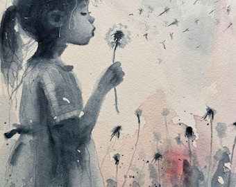 Fine Art Giclée Archival Print of Original Watercolor, whimsical painting of a young girl holding a dandelion, limited palette,  "A Wish"