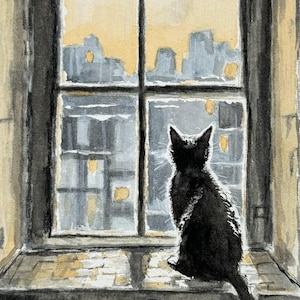 Fine Art Giclée Archival Print of Original Watercolor, painting of a cat looking out a window at the city, kitty, pet, whimsical, "City Cat"