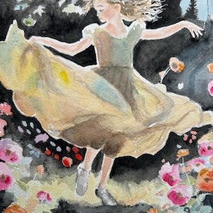 Fine Art Giclée Archival Print of Original Watercolor, whimsical painting of a young girl dancing among flowers, magical,  &quot;Garden Waltz&quot;