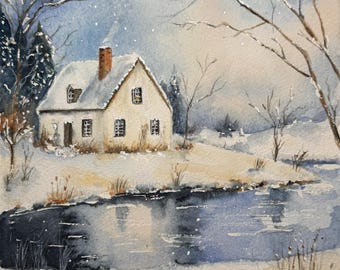 Fine Art Giclée Archival Print of Original Watercolor, beautiful scene of cottage on a river, snow, peaceful, vintage "Winter Solitude"
