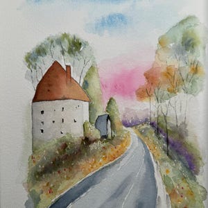 Fine Art Giclée Archival Print of Original Watercolor, whimsical, dreamy, magical painting of a cottage along a country road &quot;The Road Home&quot;