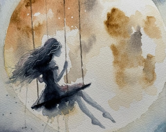 Fine Art Giclée Archival Print of Original Watercolor, whimsical, magical painting of a girl on a swing in front of a big moon,  "Dreams"