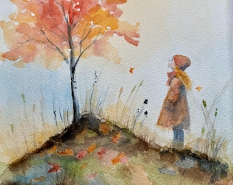Fine Art Giclée Archival Print of Original Watercolor, painting of a young girl standing under a beautiful Autumn tree, "Under the Maple"