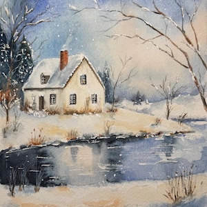 Fine Art Giclée Archival Print of Original Watercolor, beautiful scene of cottage on a river, snow, peaceful, vintage &quot;Winter Solitude&quot;