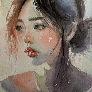 Fine Art Giclée Archival Print of Original Watercolor, delicate painting of a dark haired young girl, loose style, limited palette,  &quot;Eve&quot;