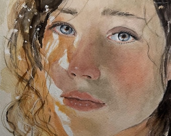Fine Art Giclée Archival Print of an Original Watercolor, beautiful painting of a blue-eyed young girl with beautiful lighting. "Megan"
