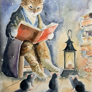 Impressão Fine Art Giclée de Arquivo de Aquarela Original, pintura lúdica de um gato lendo para ratos, "Hora da História"