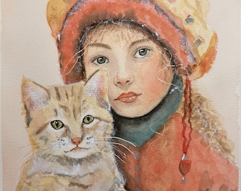 Archiwalny wydruk artystyczny giclée na podstawie oryginalnej akwareli, obraz przedstawiający małą dziewczynkę z kotem, zimowy płaszcz i czapkę, vintage, zwierzę domowe, „Nina”