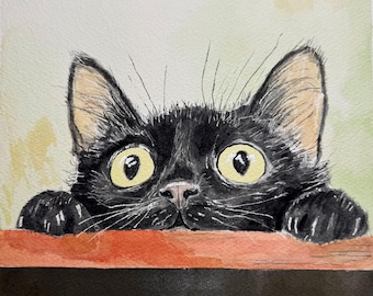 Konstnärligt giclée-arkivtryck av en original akvarell, nyckfull målning av en otålig svart katt, illustration "Var är min frukost?"