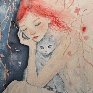 Fine Art Giclée Archival Print of Original Watercolor, beautiful whimsical painting of a young girl asleep with her cat, magical,  &quot;Luna&quot;