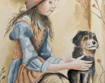 Fine Art Giclée Archival Print of Original Watercolor, painting of a young girl with her dog, pet, friend, vintage,  "A Special Bond"