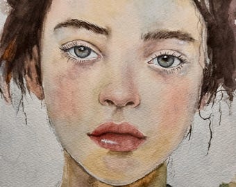 Fine Art Giclée Archival Print of Original Watercolor, beautiful painting of a young girl, blue eyes, portrait, vintage  "Jules"