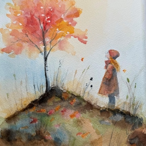 Stampa d'archivio Fine Art Giclée di un acquerello originale, dipinto di una giovane ragazza in piedi sotto un bellissimo albero autunnale, "Sotto l'acero"