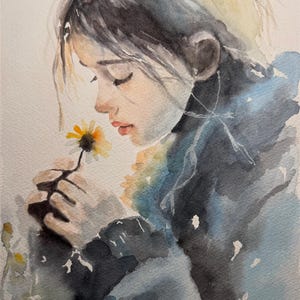 Fine Art Giclée Archival Print of an Original Watercolor, beautiful soft painting of a young girl smelling a yellow flower. &quot;Spring&quot;