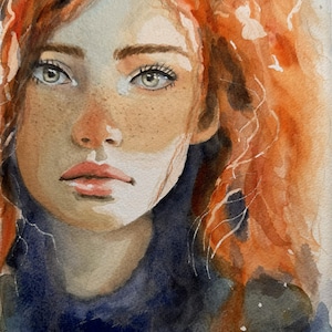 Konstnärligt giclée-arkivtryck av original akvarellmålning av en ung flicka med gröna ögon, eldrött hår och fräknar, rödhårig, "Ruby"