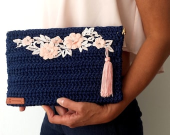 Blue CROCHET BAG with PINK Floral Embellishment / Tasseled Squeeze Frame Envelope Bag / Flex Frame Closure /Ready to Ship
