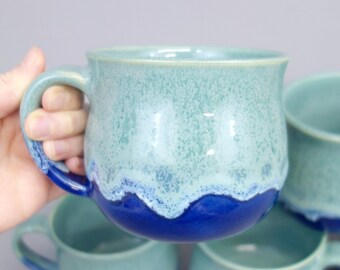 Ocean Blues Mug - 20 oz Handmade Pottery Coffee Mug Glazed in Teal and Royal Blue
