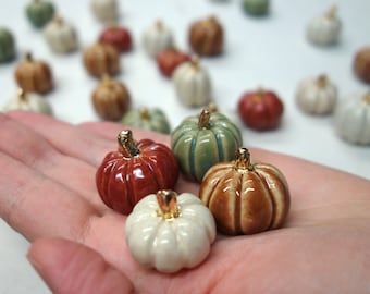Mini Ceramic Pumpkins: Set of 4 in assorted colors with Gold Stems - Handmade Baby Pumpkin Miniatures for Decor and Fall Fun