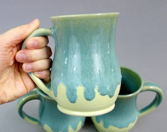 Drippy Greens Mug - 14 oz Handmade Pottery Coffee Mug Glazed in teal and yellow-green