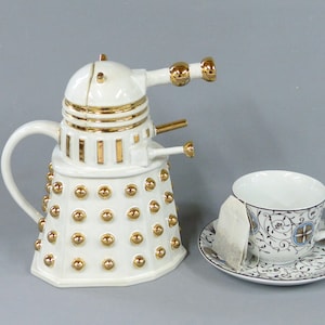 Made To Order: Imperial Dalek Teapot- Exterminate - White and Gold Robot Teapot inspired by Doctor Who