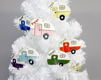 Colorful Camper Ceramic Ornament - Retro Trailer Christmas Decoration: Red, Pink, Blue, Chartreuse, Yellow, Purple, Green, Turquoise, Brown