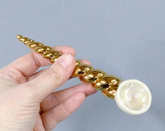 Handmade Unicorn Horn Spoon - Porcelain Scoop with Golden Spiral Handle and Mother of Pearl Luster