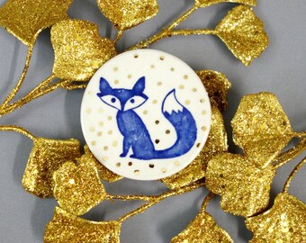 Blue Fox Holiday Ornament - handpainted porcelain tree ornament, blue fox with gold polka dots