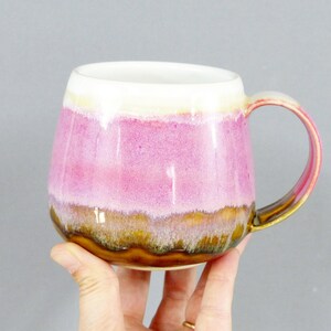 Pink Creme Amber Ceramic Mug - 14 oz Handmade Pottery Coffee Mug Glazed in Seafoam and Sand
