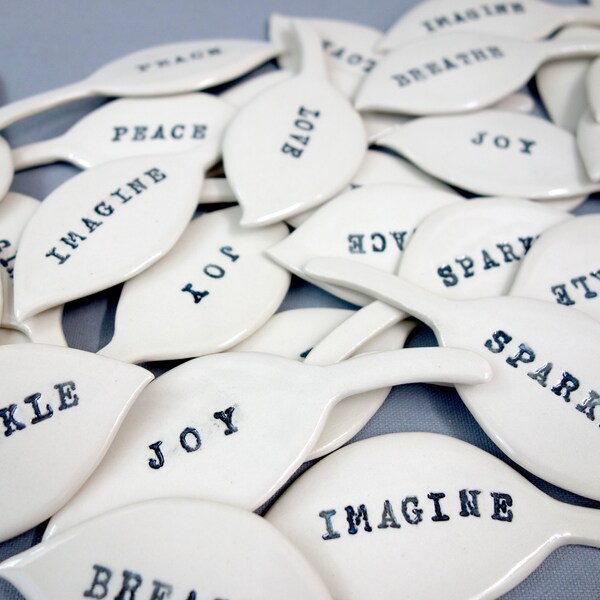 Inspirational Porcelain Leaf Tokens with stamped words/phrases: Joy Love Breathe Peace Imagine Sparkle, positive sentiment decor & gift