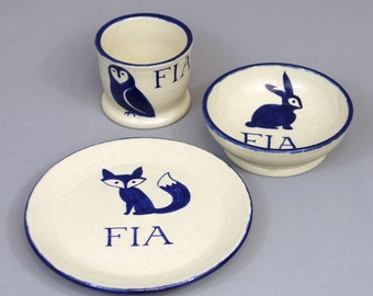 Personalized Child's Dish Set: Woodland Animals Plate, Bowl and Cup with Custom Name