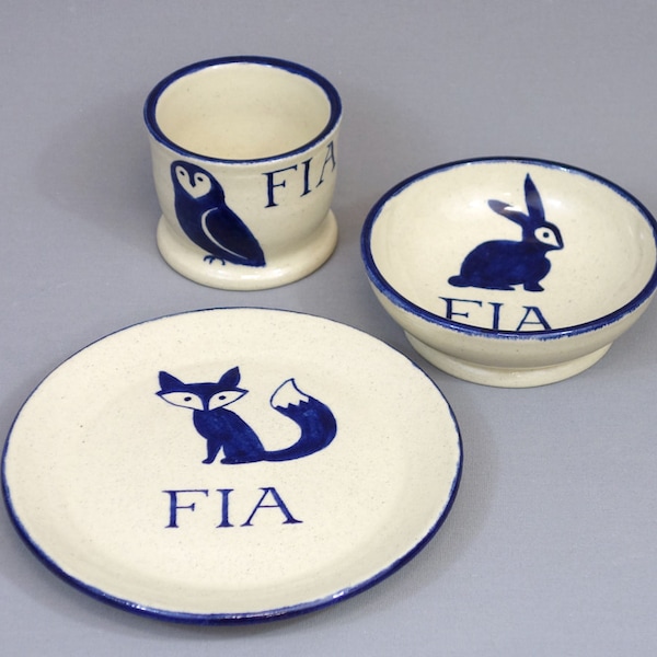 Personalized Child's Dish Set: Woodland Animals Plate, Bowl and Cup with Custom Name