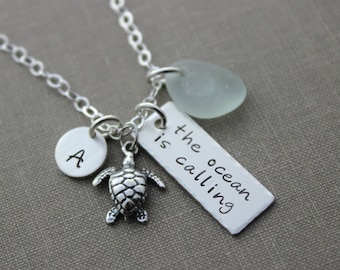 Personalized beach necklace - the ocean is calling - Sterling silver - Genuine Sea Glass - Rectangle Bar Charm -  Initial - Sea turtle charm