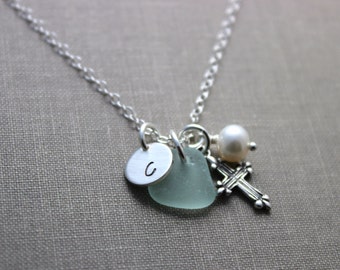 Sterling Silver small Cross, Genuine sea glass, initial & White Freshwater Pearl Necklace - sterling silver, faith necklace, Beach jewelry