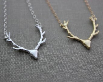Deer head silhouette with antlers, Buck necklace, Woodland deer necklace, choice of silver or gold, forest creature, whimsical