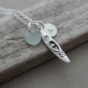 Kayak Charm necklace - Genuine Sea Glass - sterling silver - Personalized Initial Disc - Paddler, Water sports Hawaii Outdoors  gift for her